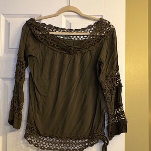VENUS Olive Crochet Accent Blouse